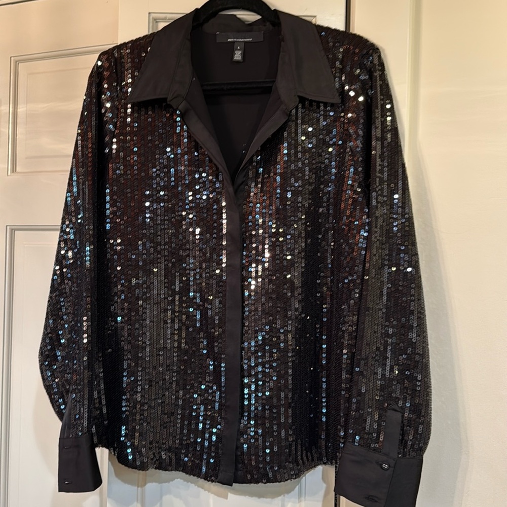 WHBM button up black sequin blouse in a size large.